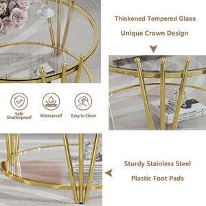 English Elm 31.5inch Modern Luxury Gold Coffee Table with Two-Tier Storage, Tempered Glass Top, Elegant Crown Design Clear W1550P171448