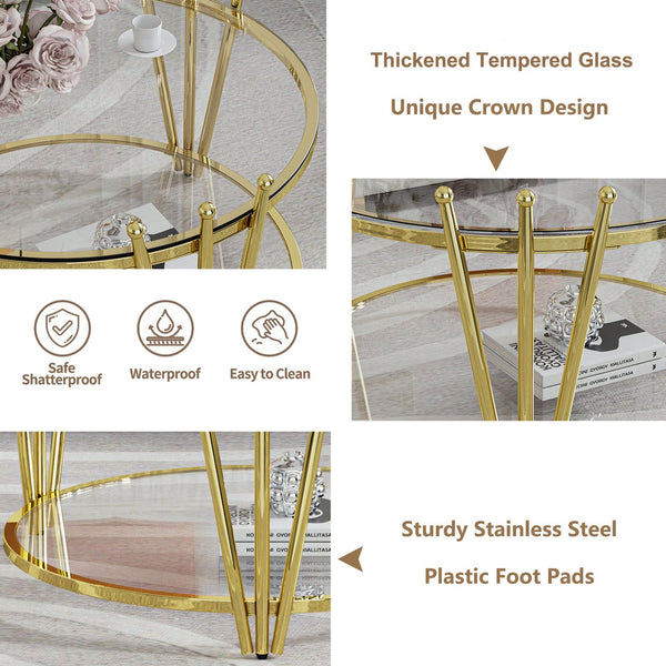 English Elm 31.5inch Modern Luxury Gold Coffee Table with Two-Tier Storage, Tempered Glass Top, Elegant Crown Design Clear W1550P171448