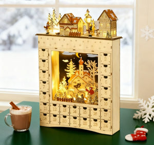 English Elm Christmas Advent Calendar Mdf Village Scene with 24 Drawers and Led Glow Mantle Decor T3971P414398