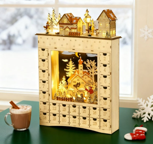 English Elm Christmas Advent Calendar Mdf Village Scene with 24 Drawers and Led Glow Mantle Decor T3971P414398