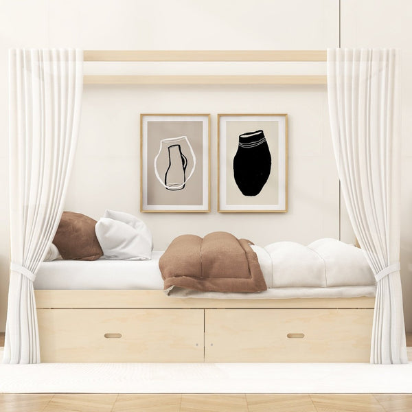 English Elm Wooden Canopy Queen Bed Solid Frame with Built-in Storage Drawers Slatted Base Natural N7090005037N