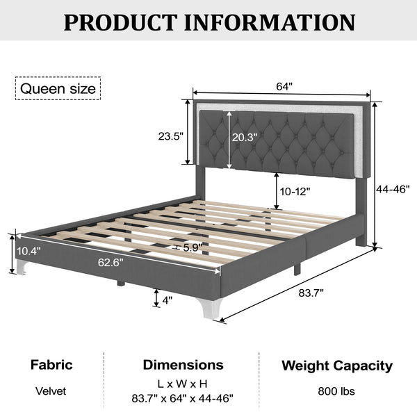 English Elm Queen Velvet Upholstered Bed Frame with LED Ambiance, Tufted Headboard, Sturdy Slat Support Gray 63.98 L x 23.23 W x 5.91 H N733P183657E