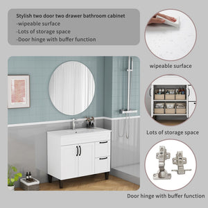 English Elm 39.4-inch White Bathroom Vanity with Sink Soft Close Doors Deep Drawers Black Hardware W3151S00076