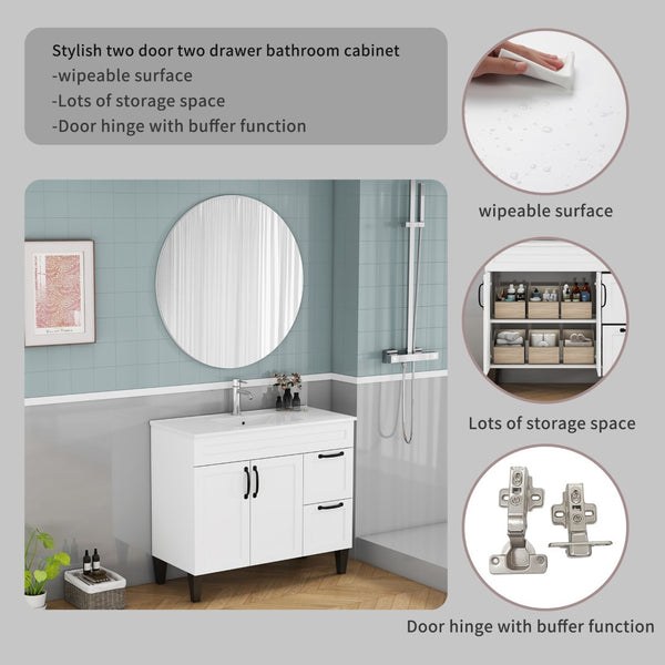 English Elm 39.4-inch White Bathroom Vanity with Sink Soft Close Doors Deep Drawers Black Hardware W3151S00076
