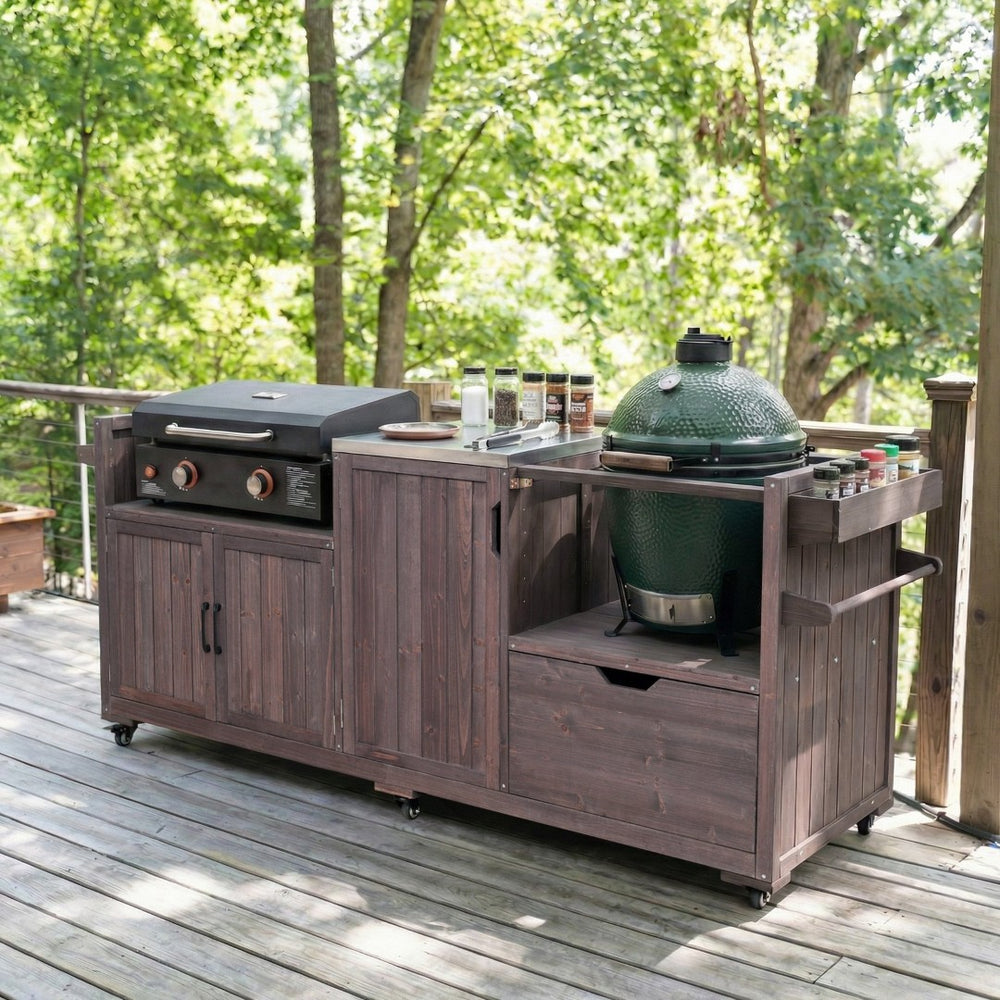 English Elm K&k 80.5 Inch Outdoor Kitchen Island Solid Fir Wood Stainless Steel Grill Cart Station Brown N707P392140Z