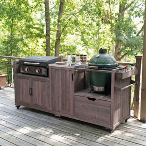 English Elm K&k 80.5 Inch Outdoor Kitchen Island Solid Fir Wood Stainless Steel Grill Cart Station Brown N707P392140Z