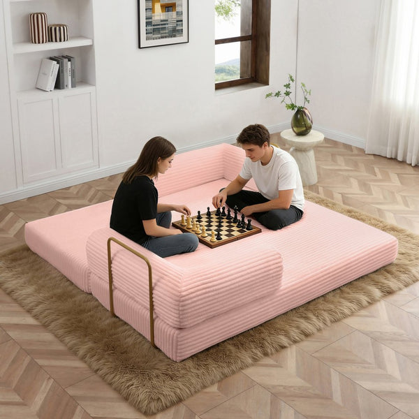 English Elm Convertible Floor Sofa Futon with Corduroy Upholstery for Living Room Lounging and Sleeping Pink W1117P434734