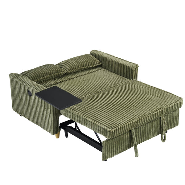 English Elm The pull-out green corduroy sofa with USB ports, movable tabletop and roll-out bed for living rooms W3371P302294