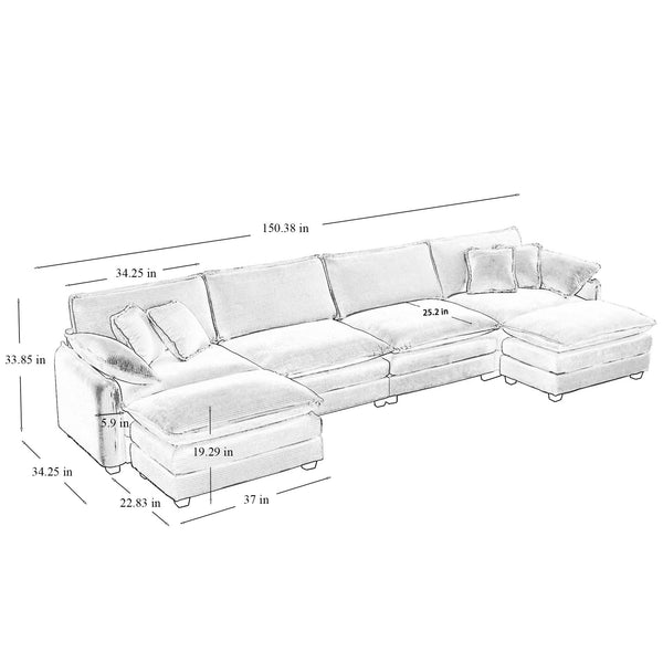 English Elm Over oversized U Shape Corduroy Sofa with Memory Foam Comfort, Modern Retro 4-Seater + Ottomans, Plush Upholstery Grey W714S00762