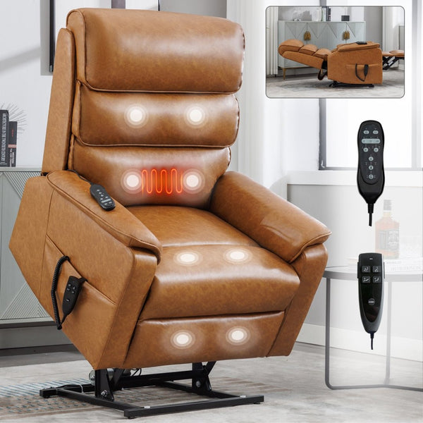 English Elm Dual Motor Power Lift Recliner with Massage Heat and 180 Degree Brown Lounge Chair Yellow Brown W1803S00061