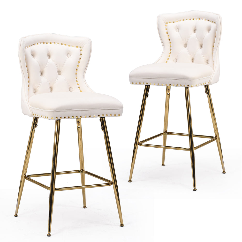 English Elm Bar Stools Set Of 2 In Beige Velvet With Gold Metal Legs, Wing-Back Design For Kitchen & Dining T3623P363044