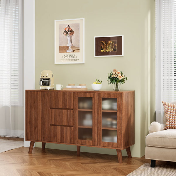 English Elm Farmhouse Buffet Cabinet with Pop-Up Doors and 3 Drawers — Rustic 55.5" Sideboard for Dining Room Walnut T3623P408446