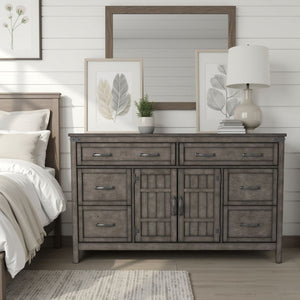 English Elm Storehouse Six Drawer Two Door Dresser with Iron Rivets in Smoked Grey Finish B108P481223