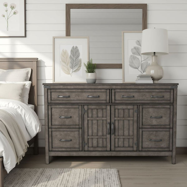 English Elm Storehouse Six Drawer Two Door Dresser with Iron Rivets in Smoked Grey Finish B108P481223