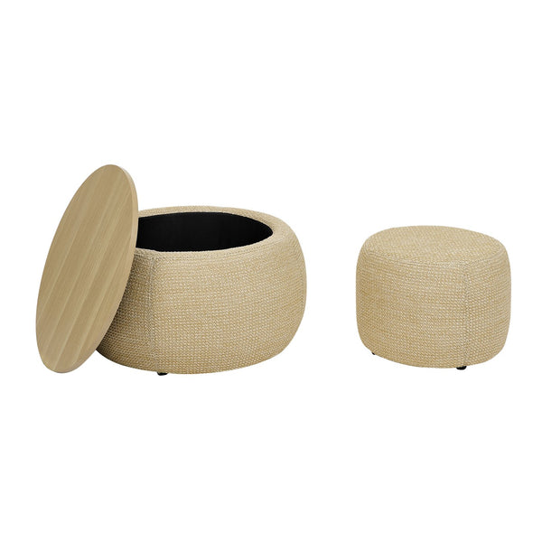 English Elm Round Storage Ottoman with Rattan Fabric Top — 2-in-1 End Table & Seat, Removable Lid, 250lb Capacity W487P215089