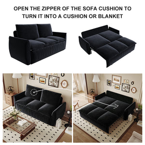 English Elm 70.9" Multi-Functional Convertible Sleeper Sofa Bed with 2-in-1 Pillow & Blanket Set, Velvet loveseat Black W1885P263564
