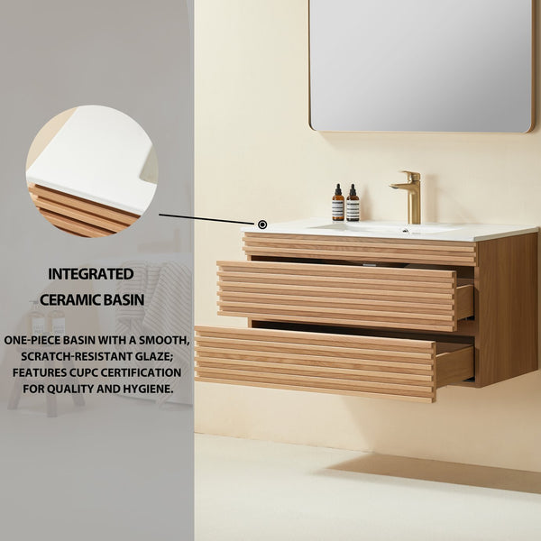 English Elm 36" Wall Mounted Floating Single Vanity Natural Walnut with Ceramic Sink, 2 Drawers, Fully Assembled Elegance W1826P308971
