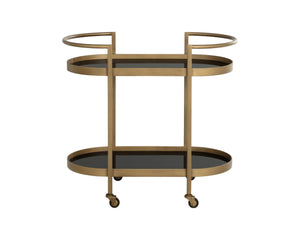 Sunpan BARTLETT Bar Cart - Elegant Antique Brass Frame with Black Mirrored Shelves for Stylish Entertaining 112317