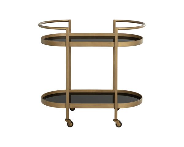 Sunpan BARTLETT Bar Cart - Elegant Antique Brass Frame with Black Mirrored Shelves for Stylish Entertaining 112317
