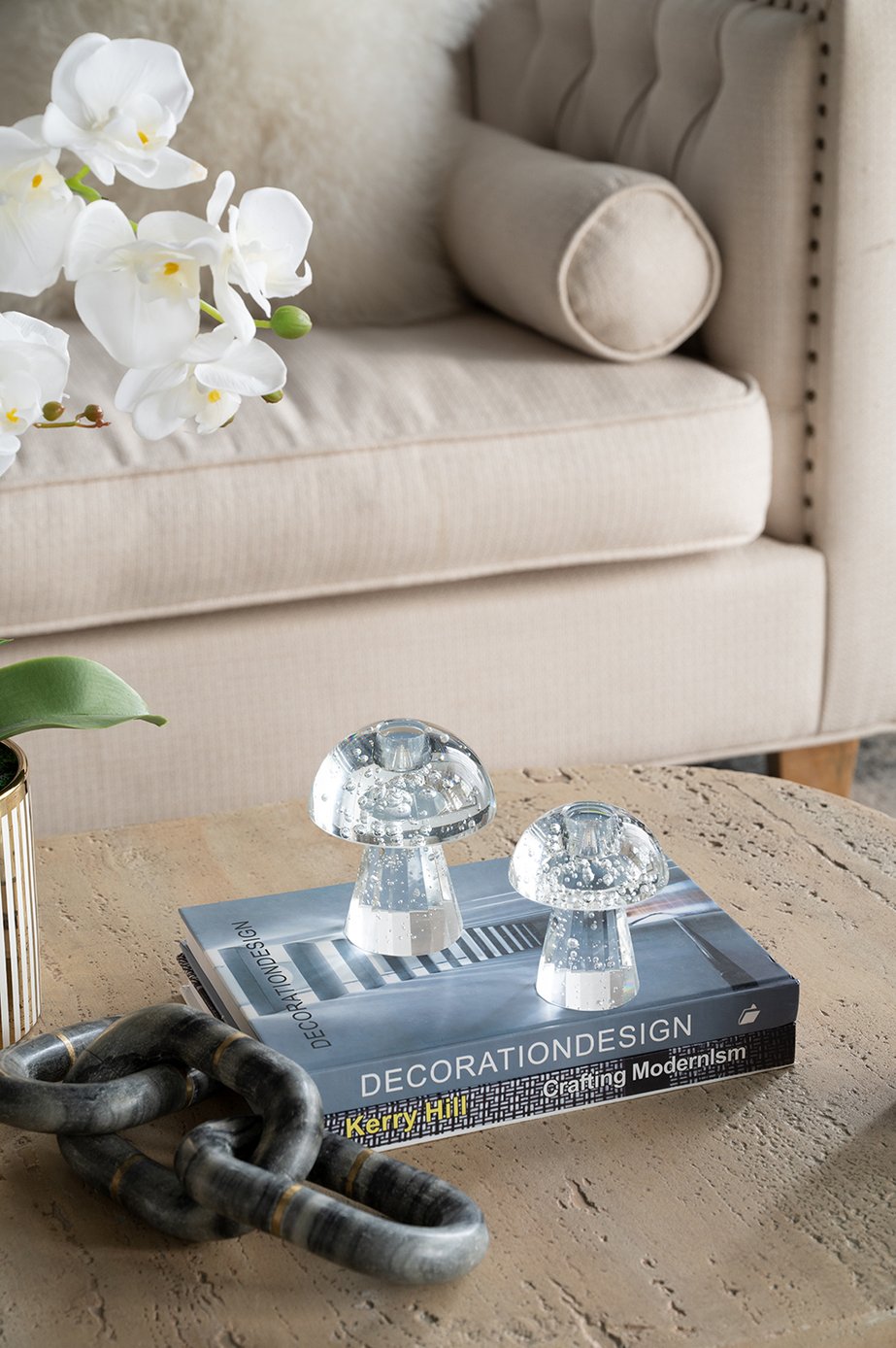 English Elm 3.9x3.9x4.7" Mushroom Shaped Glass Taper Candle Holder — Bubble-Head Artisanal Design for Tablescapes W2078P390737