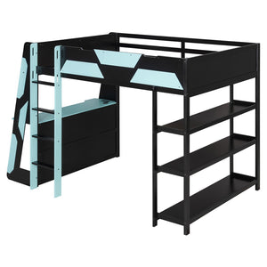English Elm Full Size Gaming Loft Bed with Led Lighting Desk Shelves and Usb Charging Ports Black+Blue N820S00076C