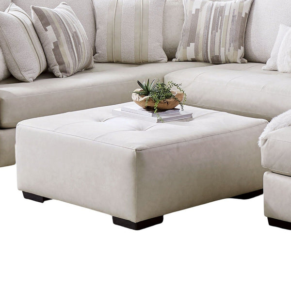 English Elm Transitional Ottoman With Biscuit-Tufting, Ivory Leatherette, And Sturdy Wooden Legs For Versatile Use B2741P355172-GIGA
