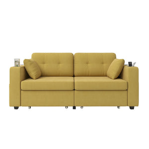 English Elm Sofas for Living Room Chenille Three Seat Couch with Usb Charging Storage and Cup Holder Mustard Yellow W395S00145