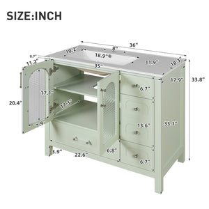 English Elm 36" Green Bathroom Vanity with Waffle Texture Doors, 4 Drawers, Glass Panels, Soft-Closing, Modern Storage N710P280025C