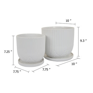 English Elm Leela Ribbed Ceramic Planter Set with Saucers Glazed White Architectural Indoor Decor B056P417089