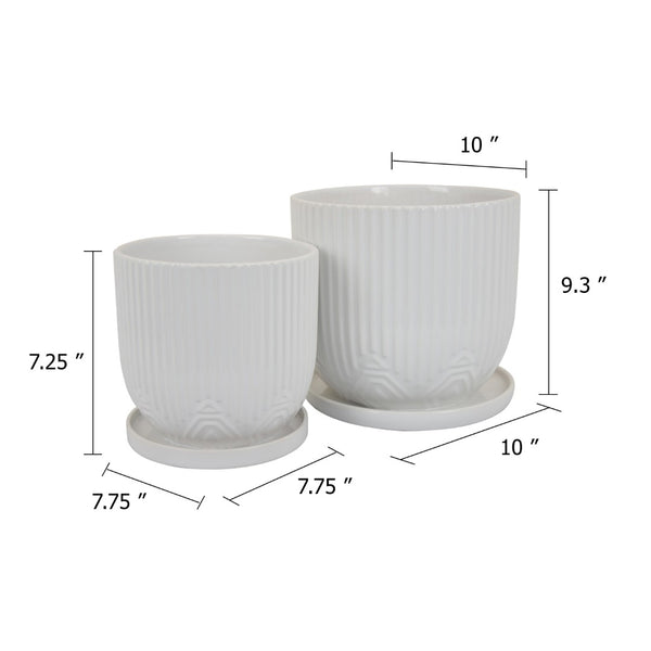 English Elm Leela Ribbed Ceramic Planter Set with Saucers Glazed White Architectural Indoor Decor B056P417089