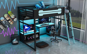 English Elm Full Size Gaming Loft Bed with Built-in Desk Led Lighting Usb Ports and Pegboard Black+Blue LT000270AAC