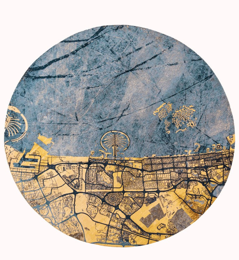 HomeRoots Abstract Gold Blue Washable Area Rug Recycled Fibers Uv Resistant Low Pile Living Room 5' x 7' 610080