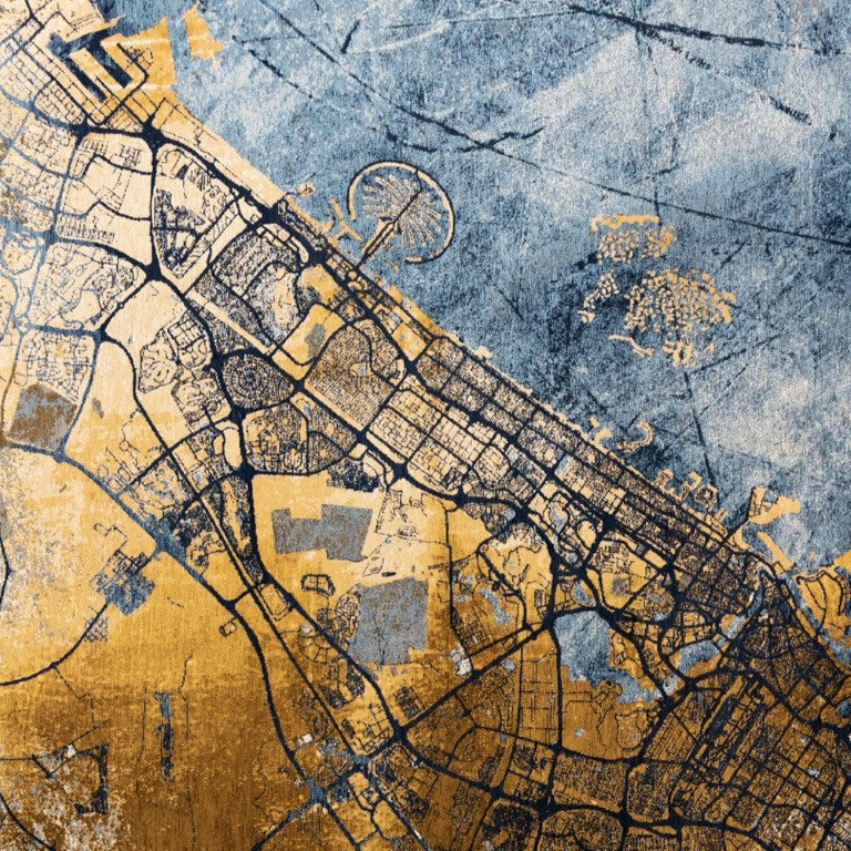 HomeRoots Abstract Gold Blue Washable Area Rug Recycled Fibers Uv Resistant Low Pile Living Room 5' x 7' 610080