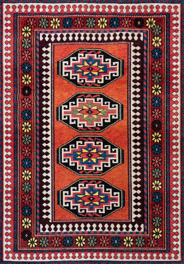 HomeRoots Tribal Washable Area Rug Uv Protected Recycled Pet Low Pile Bold Indoor Outdoor Design 5' X 7' 610086