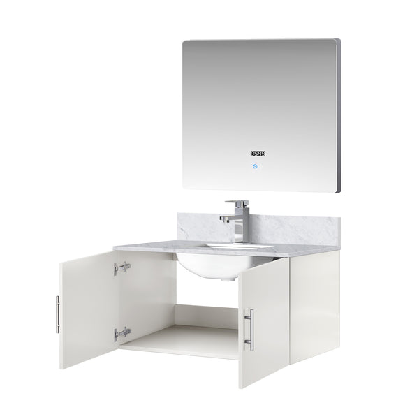 English Elm Glossy White Bath Vanity With Carrara Marble Top, Led Mirror & Faucet Set - Modern Style Upgrade B2731S01315