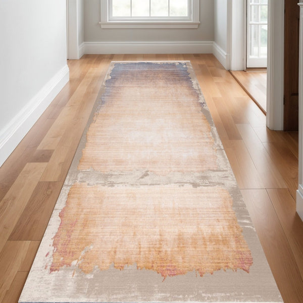 HomeRoots 16' Modern Abstract Runner Rug in Beige, Blue & Brown - Durable, Soft, and Stain-Resistant Design 610105