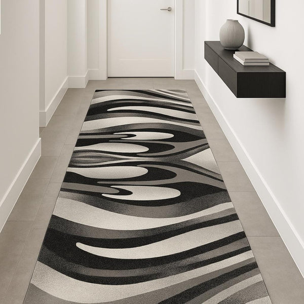 HomeRoots 18' Black and Gray Abstract Runner Rug - Stylish, Durable, Stain Resistant Accent for High-Traffic Areas 610111