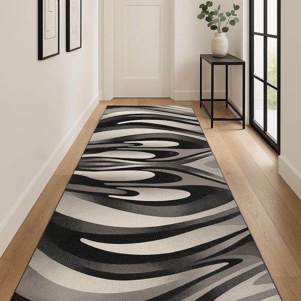 HomeRoots 16' Black and Gray Abstract Runner Rug – Modern Design, Durable, Stain-Resistant for High-Traffic Areas 610112