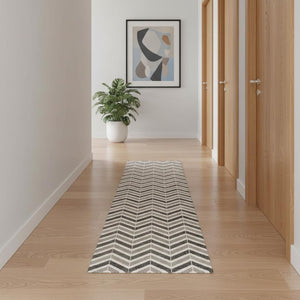 HomeRoots 18' Stylish Gray and Beige Geometric Runner Rug - Durable, Low-Maintenance Design for High-Traffic Areas 610115