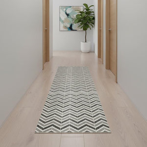 HomeRoots 16' Modern Gray and Beige Geometric Runner Rug - Durable, Stain-Resistant, Ideal for High-Traffic Areas 610116