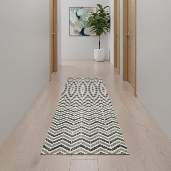 HomeRoots 16' Modern Gray and Beige Geometric Runner Rug - Durable, Stain-Resistant, Ideal for High-Traffic Areas 610116