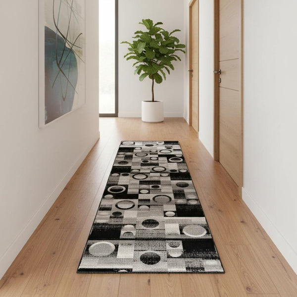 HomeRoots 18' Black and Gray Geometric Runner Rug - Modern Design, Durable & Easy-Care for High-Traffic Areas 610119