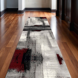 HomeRoots 2' X 30' Gray and Red Abstract Area Rug - Modern Durable Design for High-Traffic Spaces & Easy Cleanup 610125