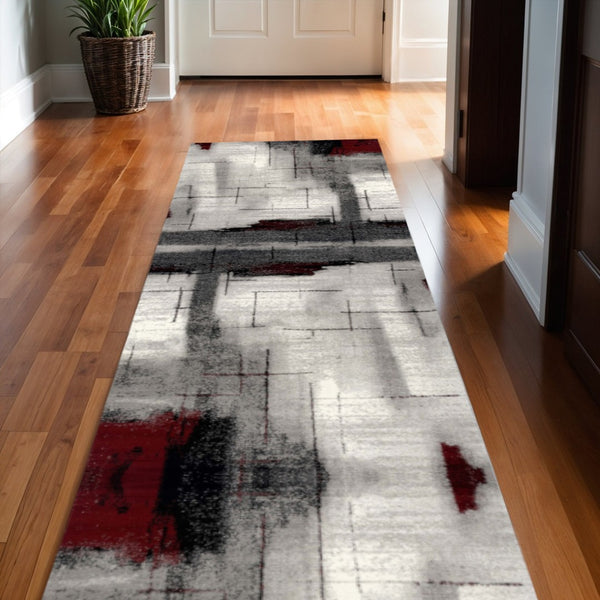 HomeRoots 19' Modern Abstract Gray and Red Runner Rug - Durable, Stain-Resistant Design for High-Traffic Areas 610127