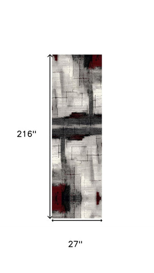 HomeRoots 18' Gray and Red Abstract Runner Rug - Stylish, Durable, Stain-Resistant for Hallways & Entryways! 610128