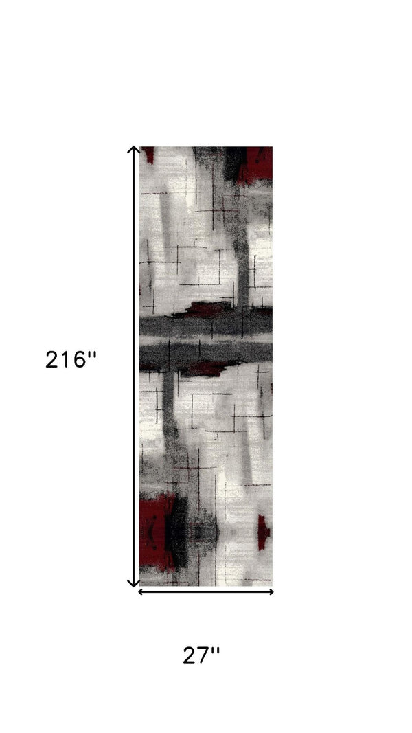 HomeRoots 18' Gray and Red Abstract Runner Rug - Stylish, Durable, Stain-Resistant for Hallways & Entryways! 610128