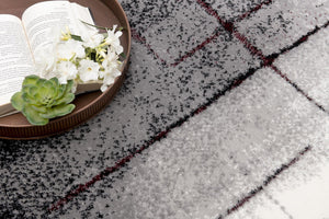 HomeRoots 17' Modern Gray and Red Abstract Runner Rug - Durable, Low-Maintenance Design for High-Traffic Areas 610129