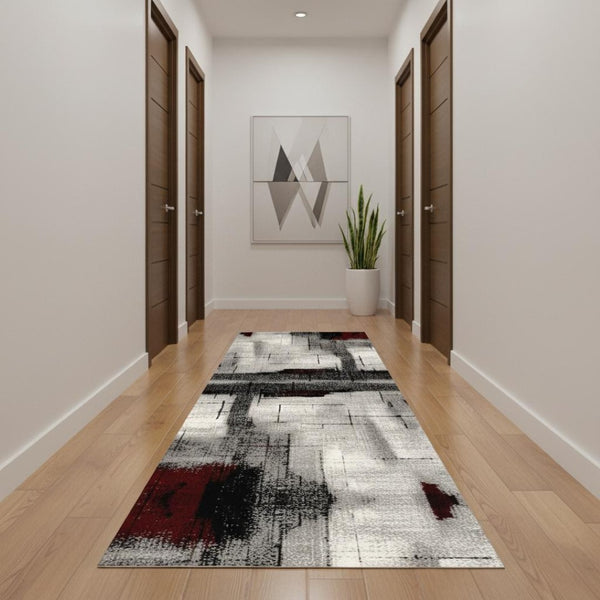 HomeRoots 17' Modern Gray and Red Abstract Runner Rug - Durable, Low-Maintenance Design for High-Traffic Areas 610129