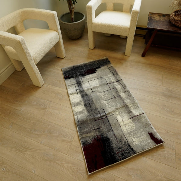 HomeRoots 16' Modern Gray and Red Abstract Runner Rug – Durable, Stain-Resistant Design for High-Traffic Areas 610130
