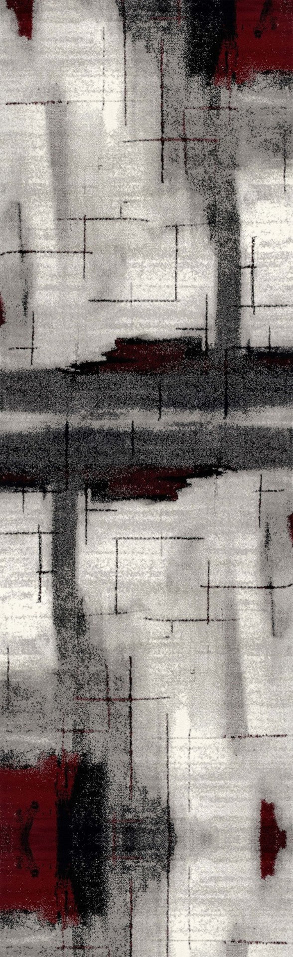 HomeRoots 16' Modern Gray and Red Abstract Runner Rug – Durable, Stain-Resistant Design for High-Traffic Areas 610130
